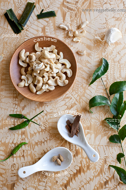 cashew nuts, pandan and spices for sri lankan cashew curry