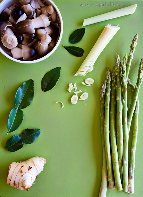 kaffir lime, galangal, lemongrass and vegetables for vegetarian tom kha soup