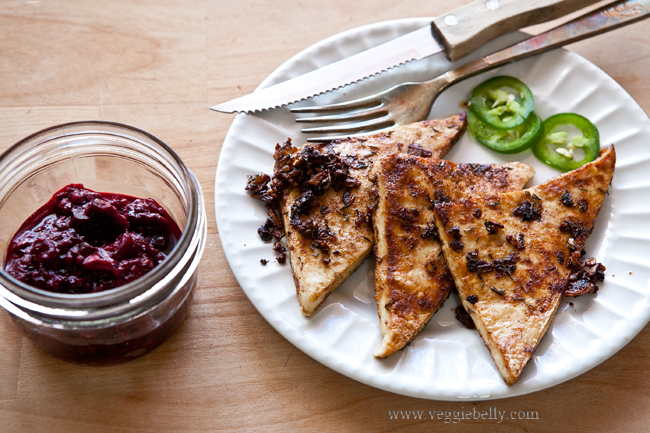 jamaican jerk tofu and blackberry jalapeno chutney