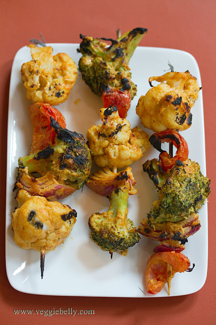 tandoori grilled broccoli cauliflower skewers