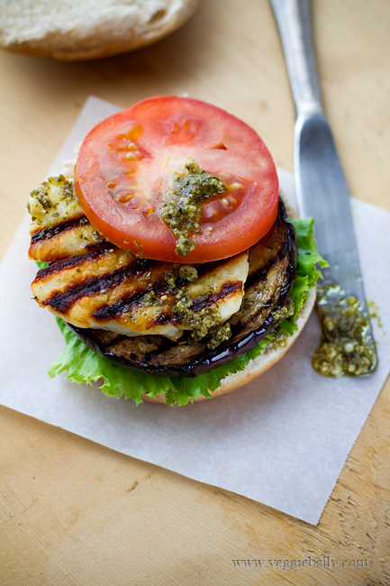 grilled eggplant halloumi pesto burgers