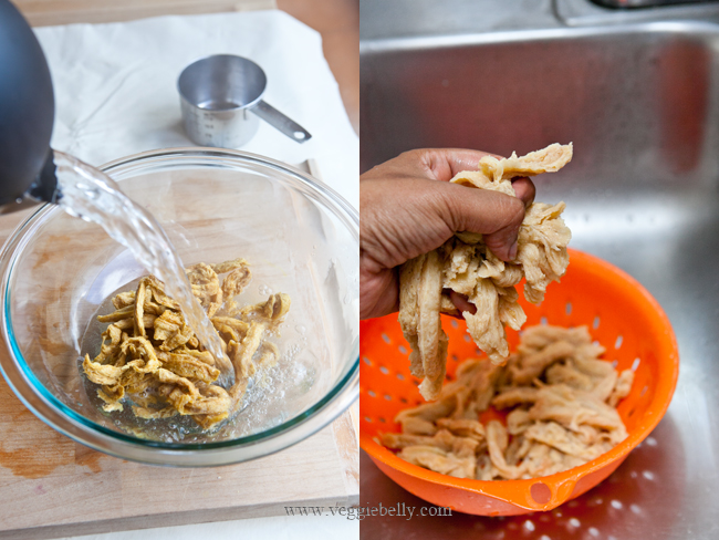 rehydrating dried soy curls in boiling water