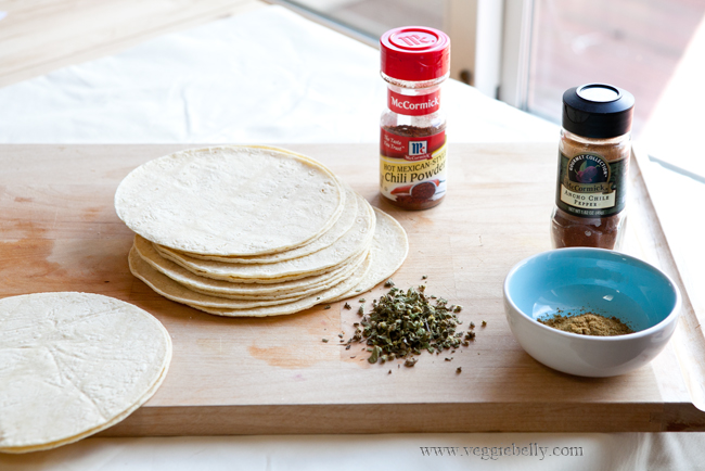 Corn tortillas, mexican oregano and chili powder for taco filling