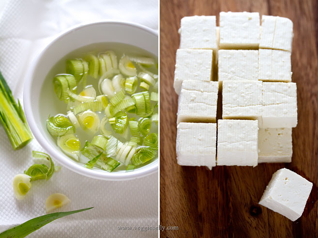 soak-leeks-to-clean-and-cut-tofu-for-salt-and-pepper-tofu